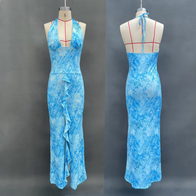 Women's Sexy Slim Fit Halter Backless Slit Dress