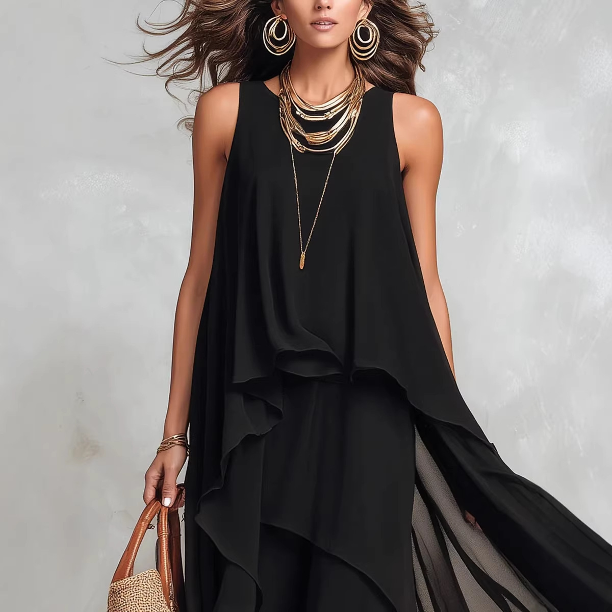 Black Sleeveless Asymmetrical Flowy Maxi Dress