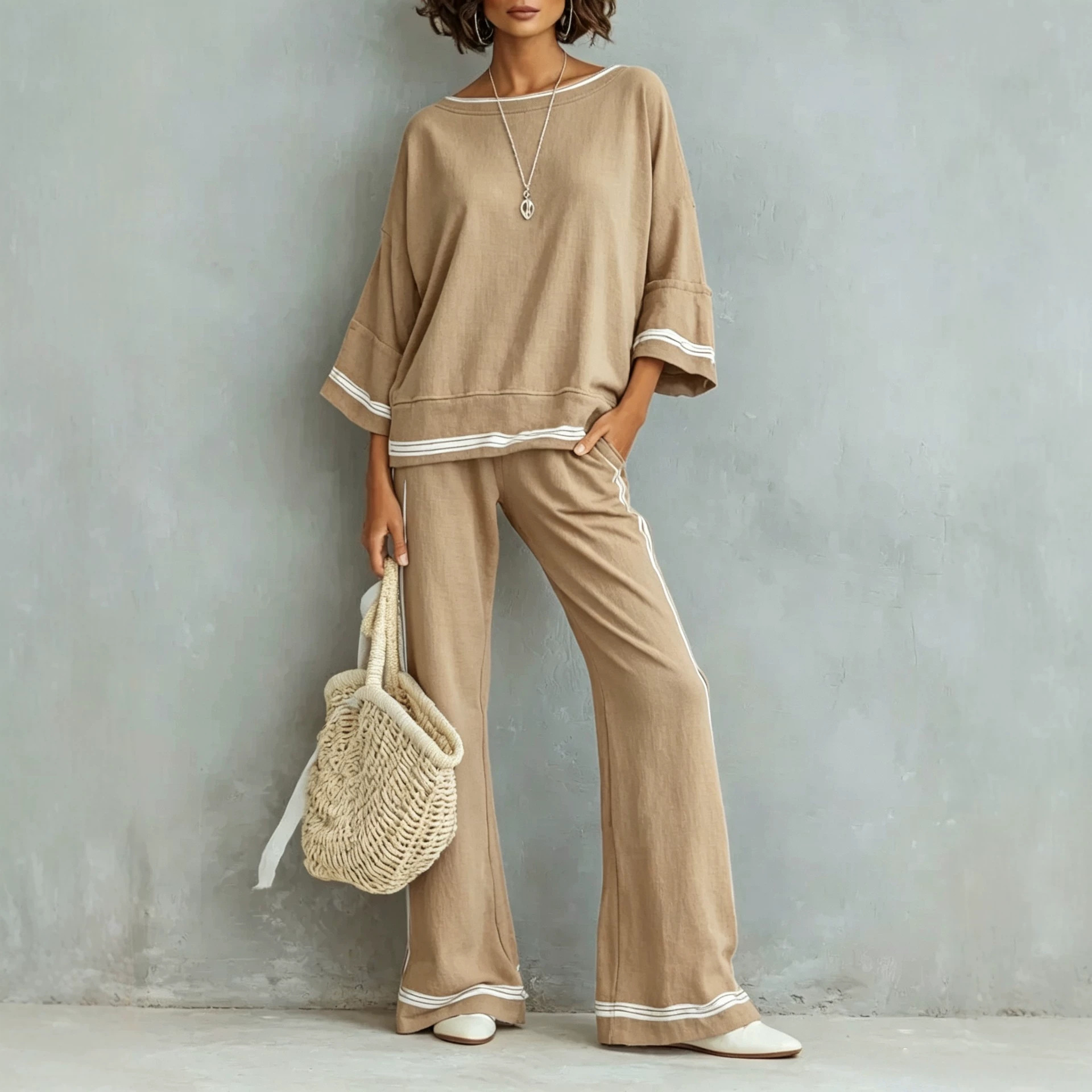 Women's Color-Block Striped Two-Piece Set with Three-Quarter Sleeve Top and Wide-Leg Pants