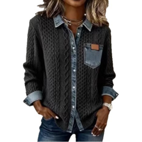 Knit Denim Patchwork Button-Front Shirt Jacket