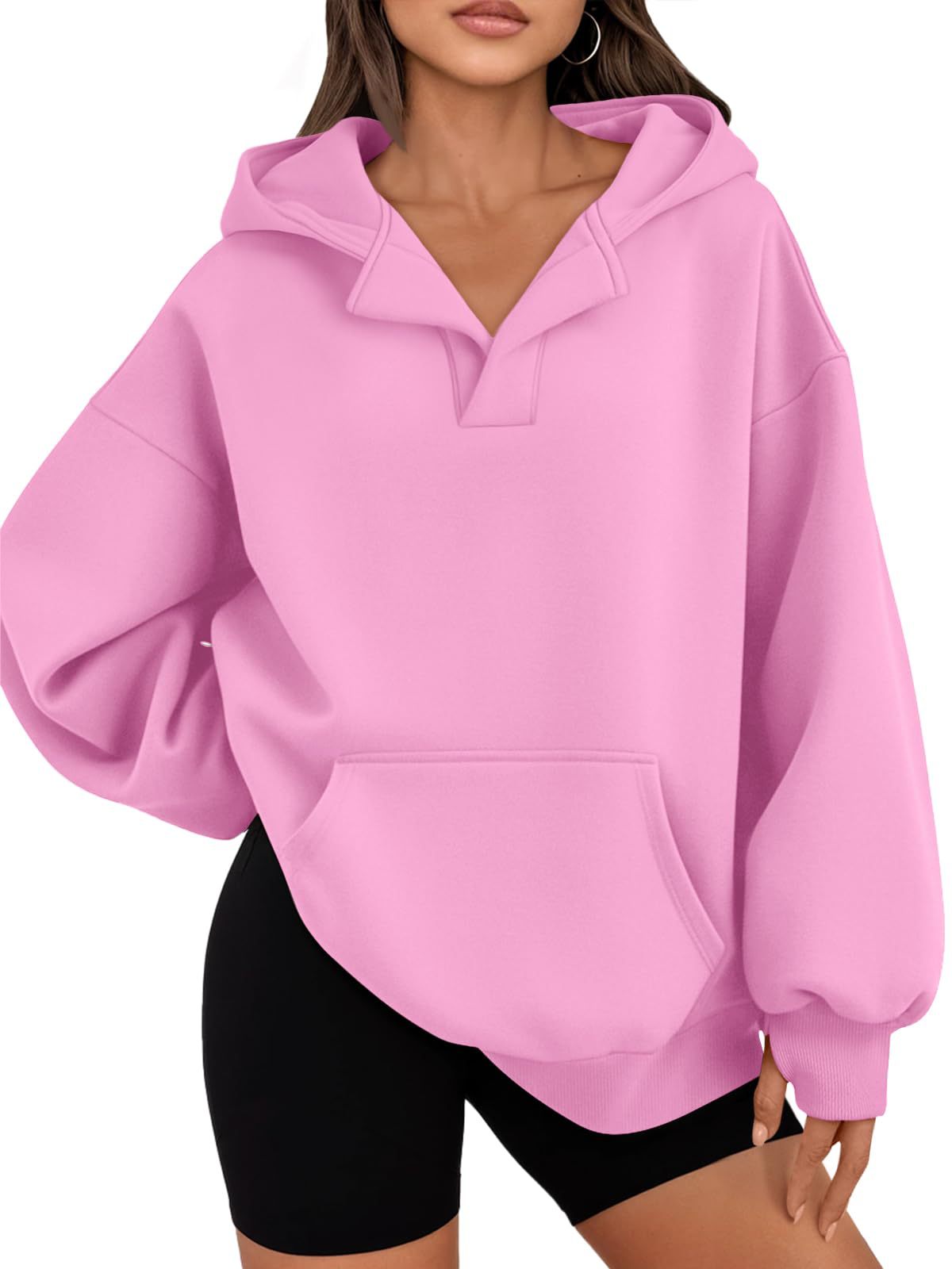 Women's V-Neck Hooded Pullover Sweatshirt with Thumbholes Cotton Fleece Casual Top