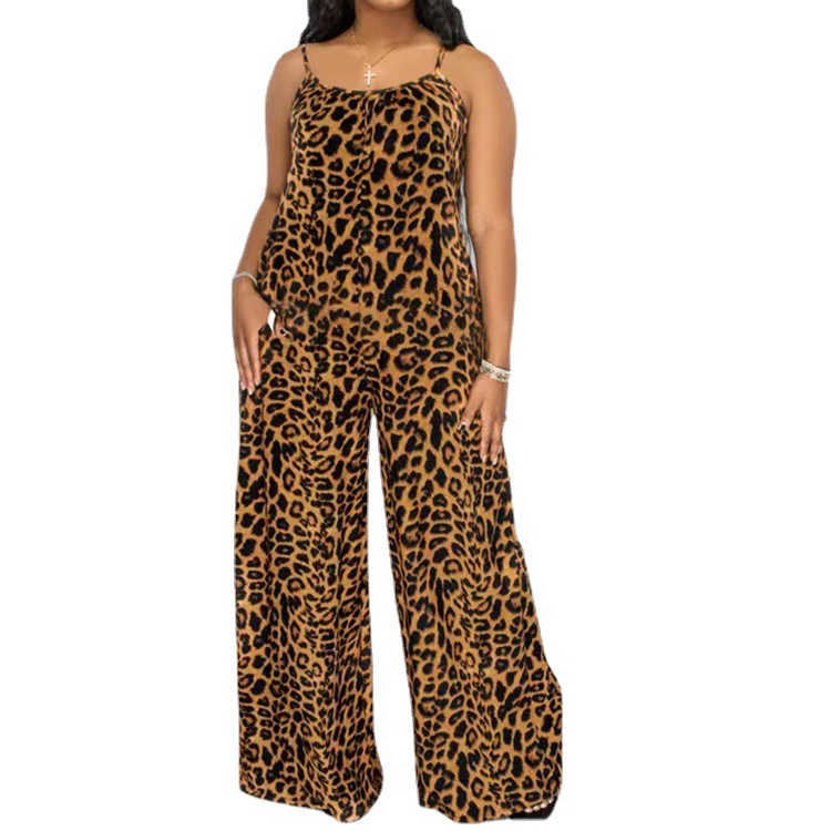 Women's Leopard Print Sleeveless Wide-Leg Jumpsuit