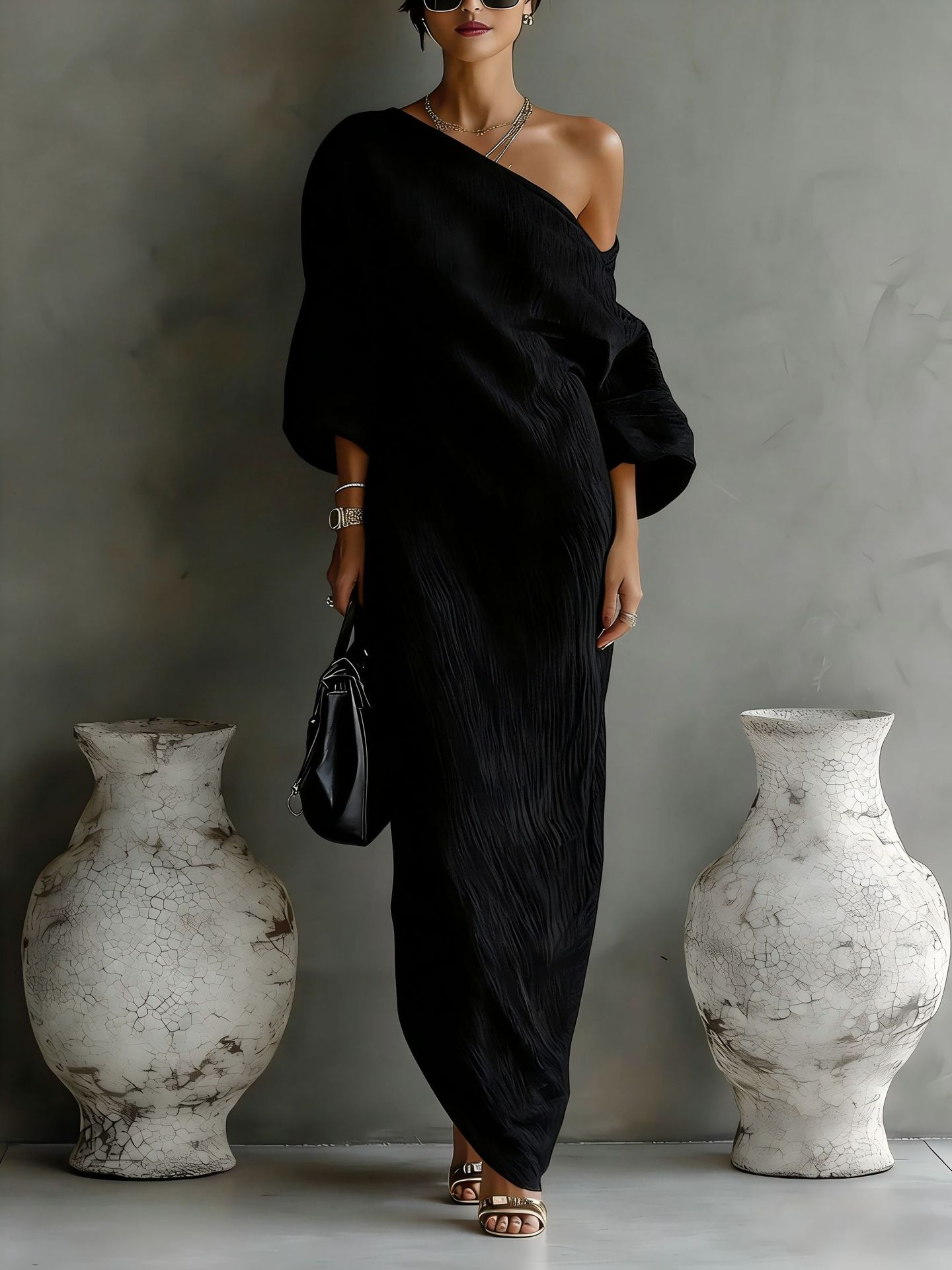 Women's Long Sleeve Off-Shoulder Midi Dress Solid Color Slim Fit