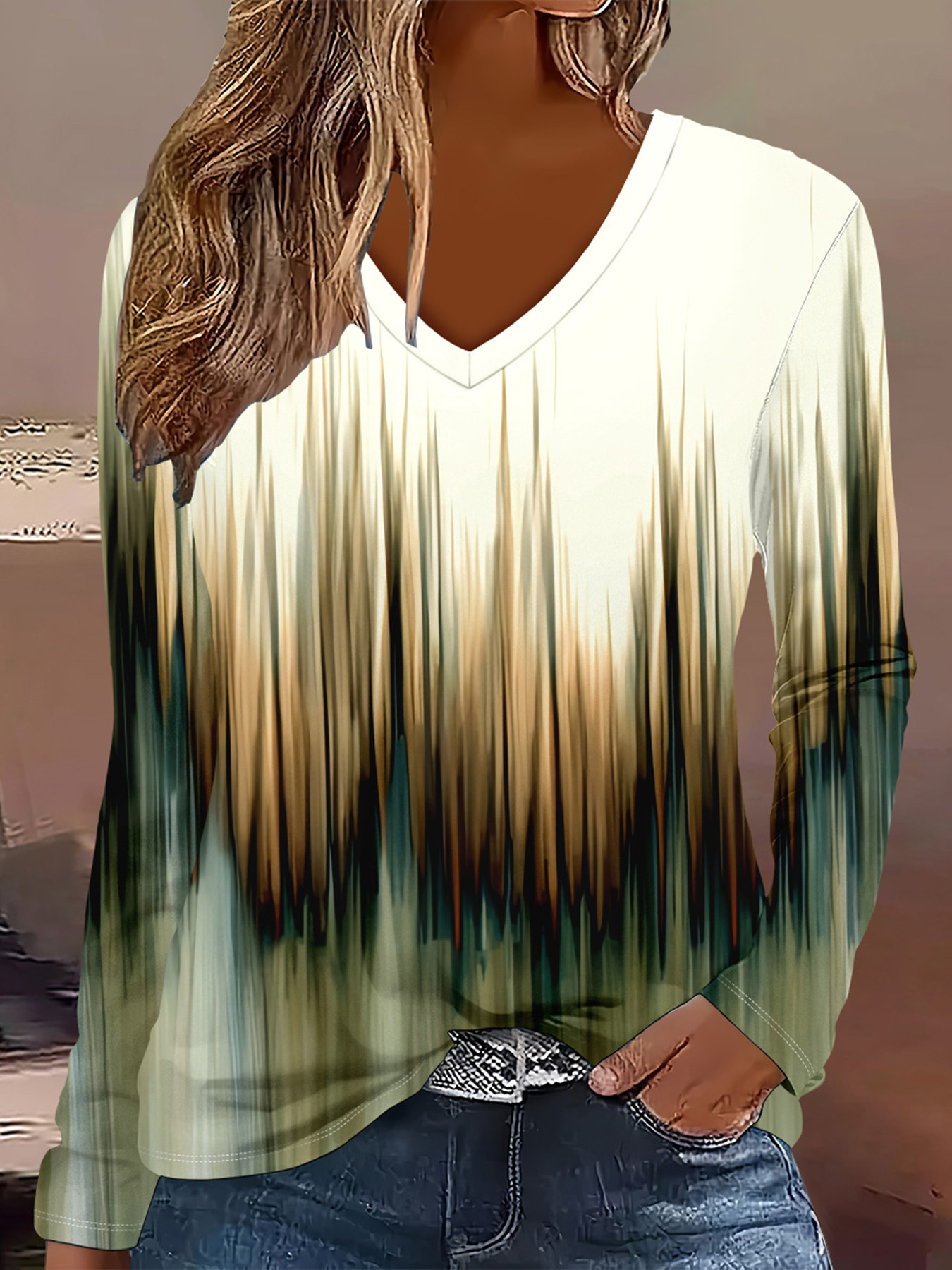 Bohemian Floral V-Neck Long-Sleeve Loose Casual T-Shirt