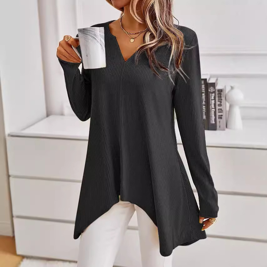 Women's V-Neck Knit Sweater Long Sleeve Loose Fit Solid Color