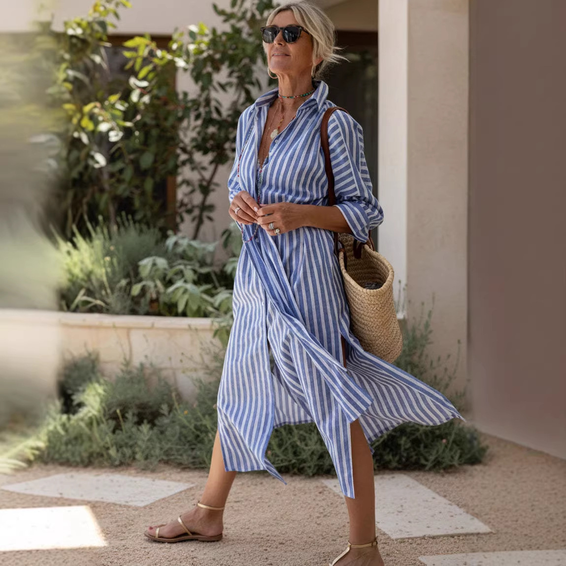 Striped Button-Front Midi Shirt Dress