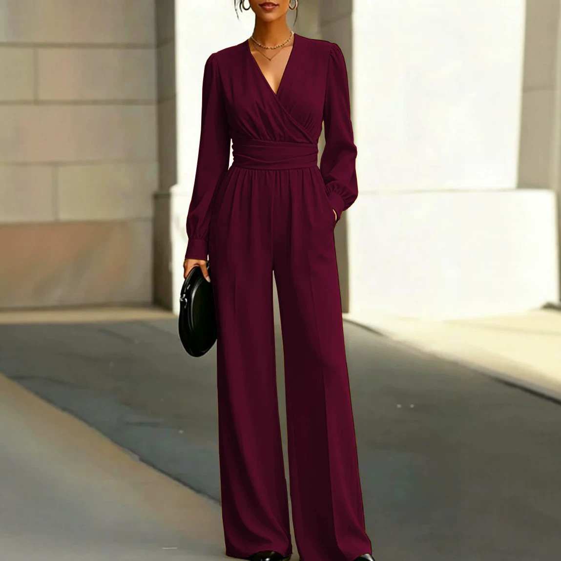 Solid V-Neck Asymmetrical Slim-Fit Women's Jumpsuit