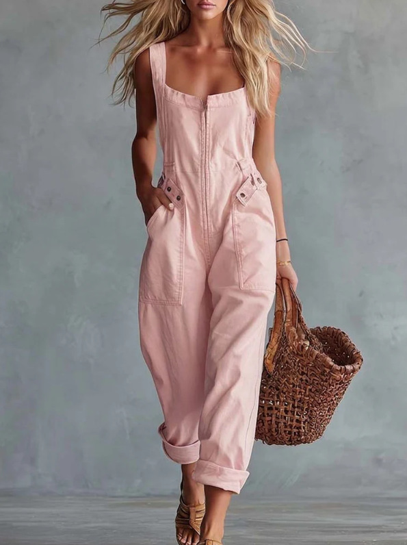 Women's Vintage Square Neck Front Zip Denim Jumpsuit