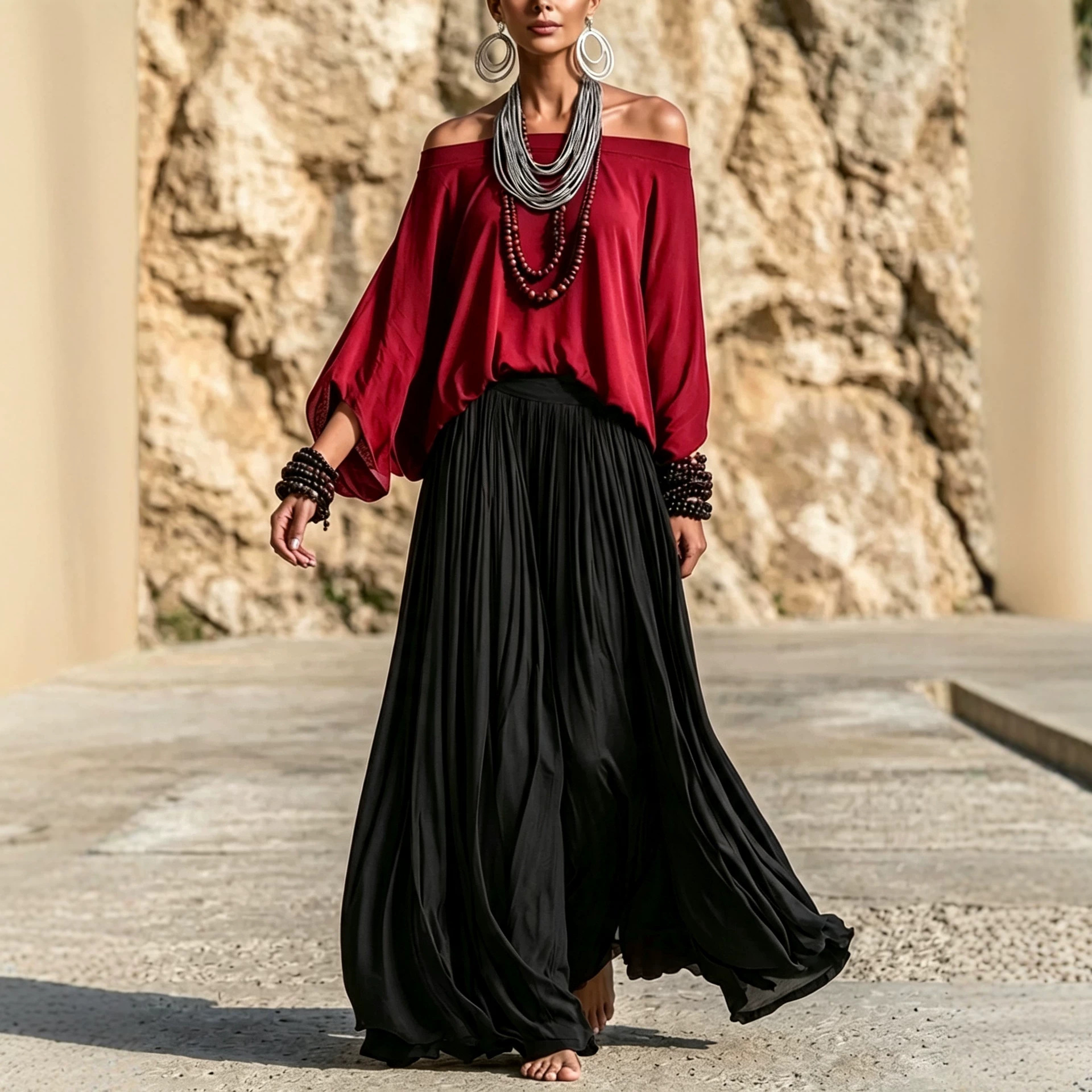 Bohemian Off-Shoulder Top & Wide-Leg Maxi Skirt Two-Piece Set