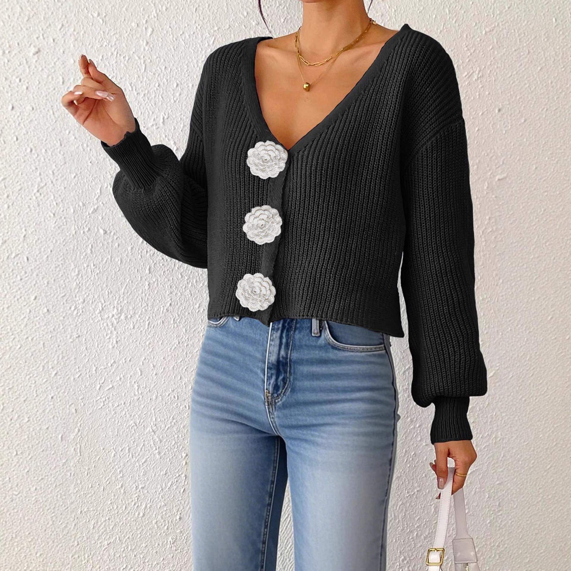 Women's Cropped Cardigan Sweater with Hand-Crocheted Floral Appliqué and Button Front