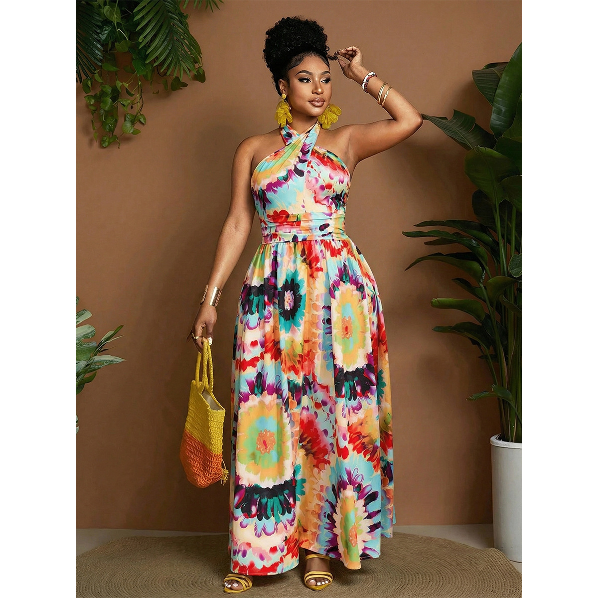 Retro Tie-Dye Halter Maxi Dress with Open Back and High Waist