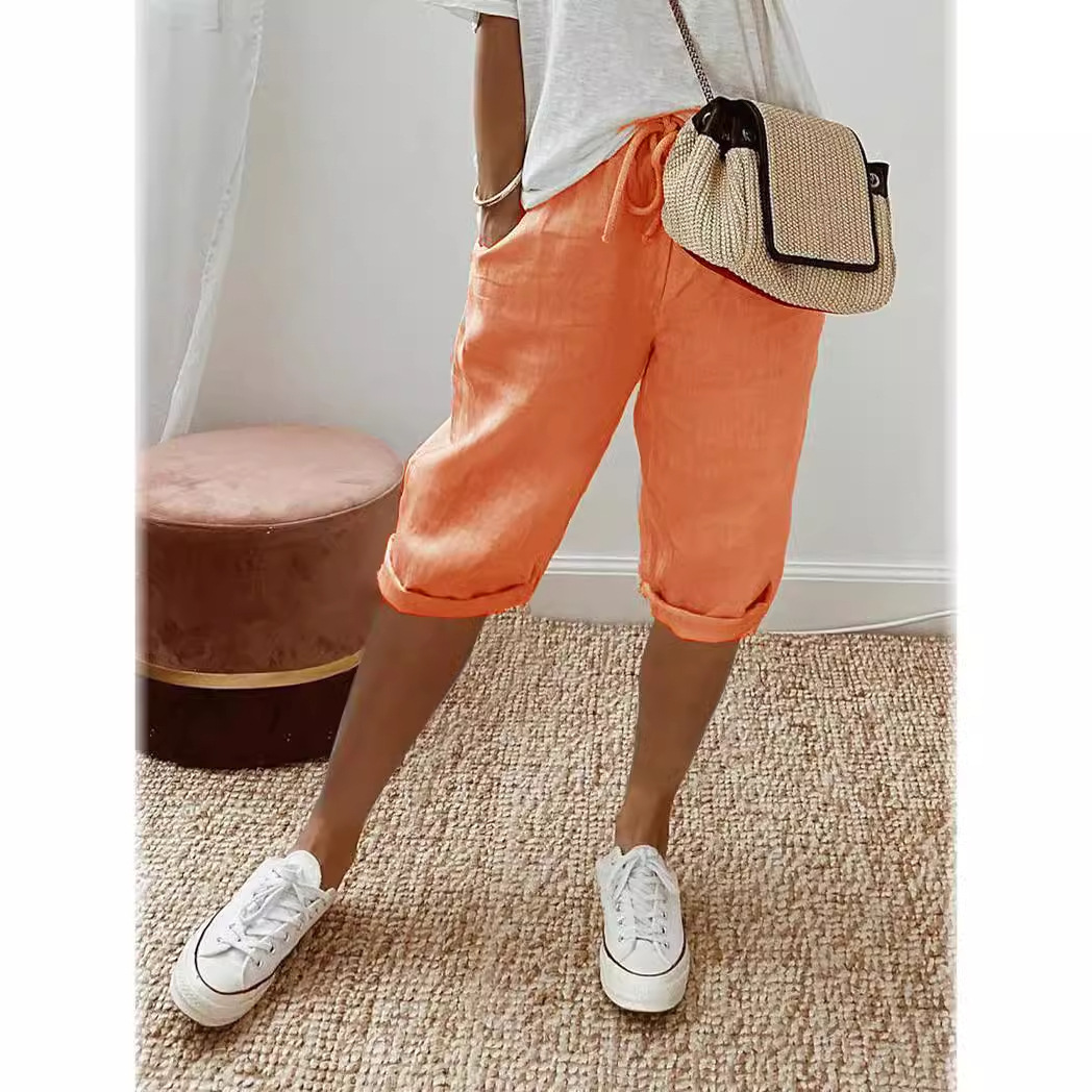 Women's Cotton-Linen Elastic Waist Casual Shorts with Pockets