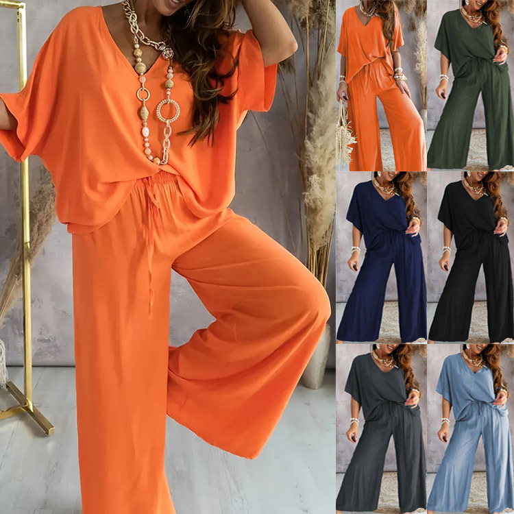 V-Neck Batwing Sleeve Wide-Leg Pants Set Women's Casual Loose Two-Piece