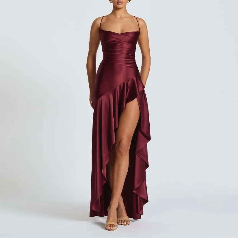 Elegant Solid Color Ruffle Trim Asymmetrical Evening Dress