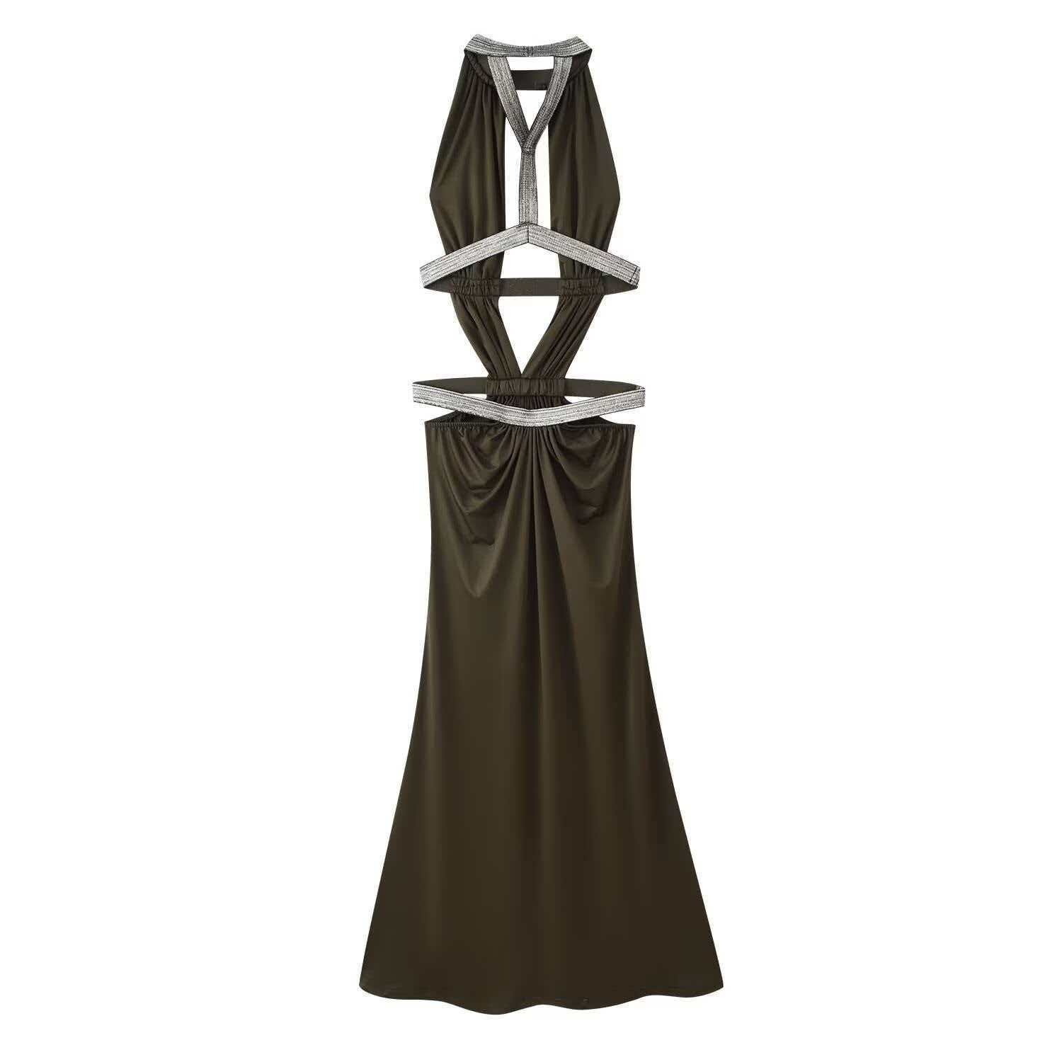 Women's Summer Halter Bodycon Dress with Rhinestone Chain Cutout
