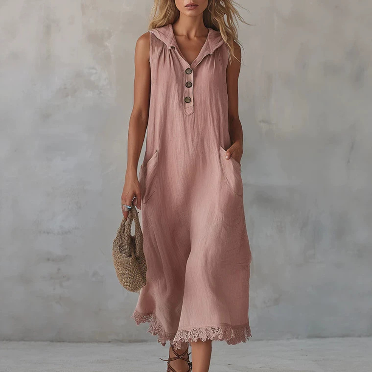 Casual Vintage Lace-Trim Pink Hooded Midi Shirt Dress