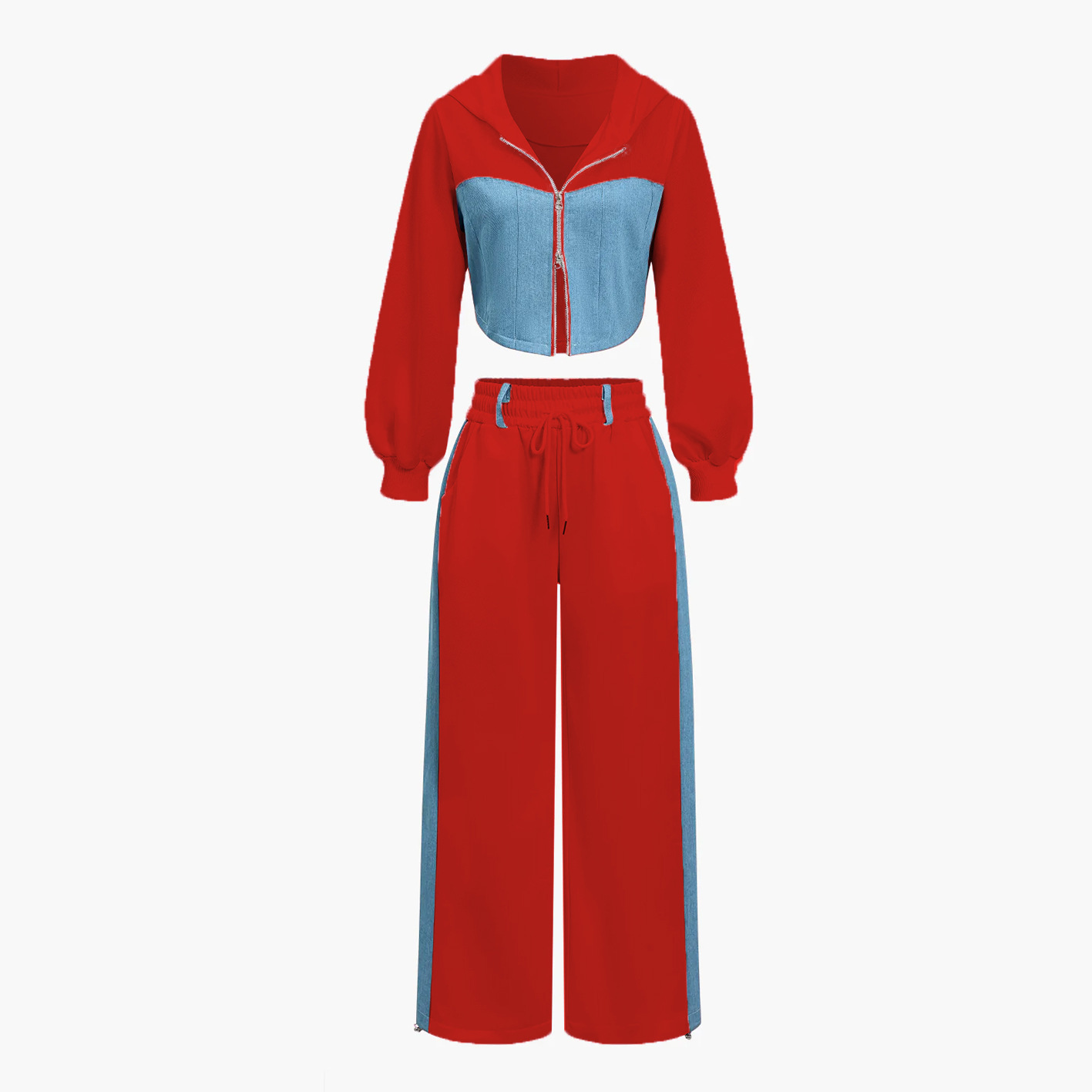 Women's Denim Patchwork Hoodie and Pants Two-Piece Set