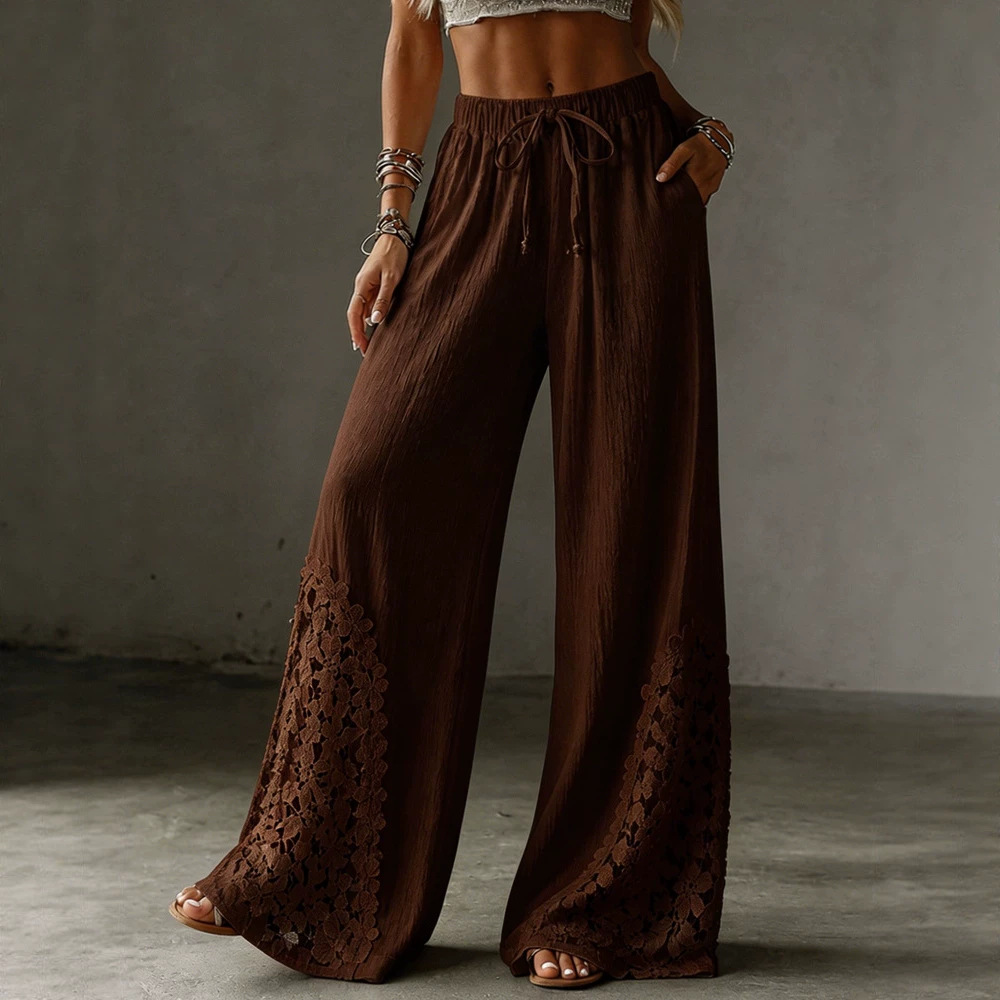 Women's Solid Lace Pocket Drawstring Wide-Leg Pants