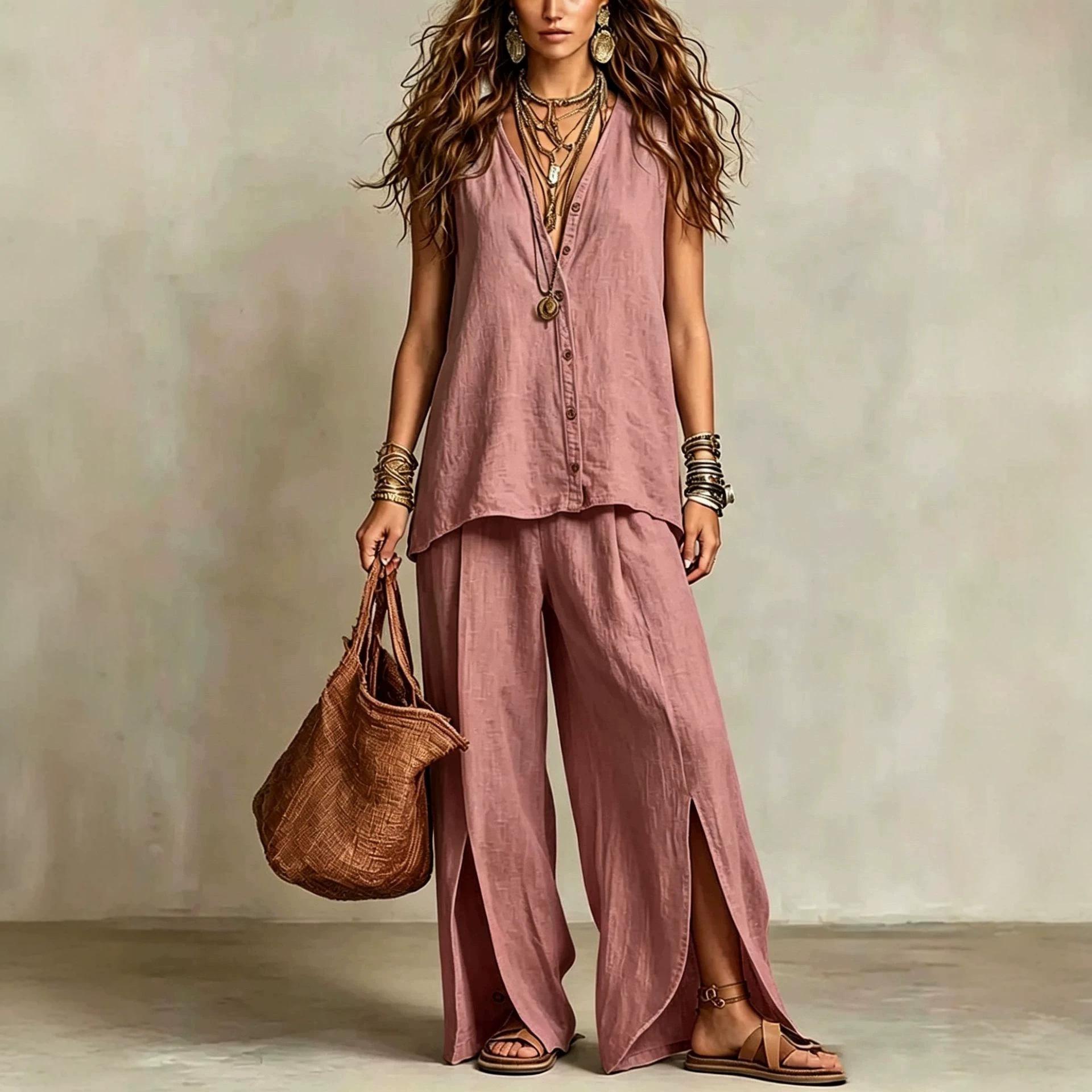Women's Sleeveless V-Neck Button Lounge Set Casual Beach Two-Piece