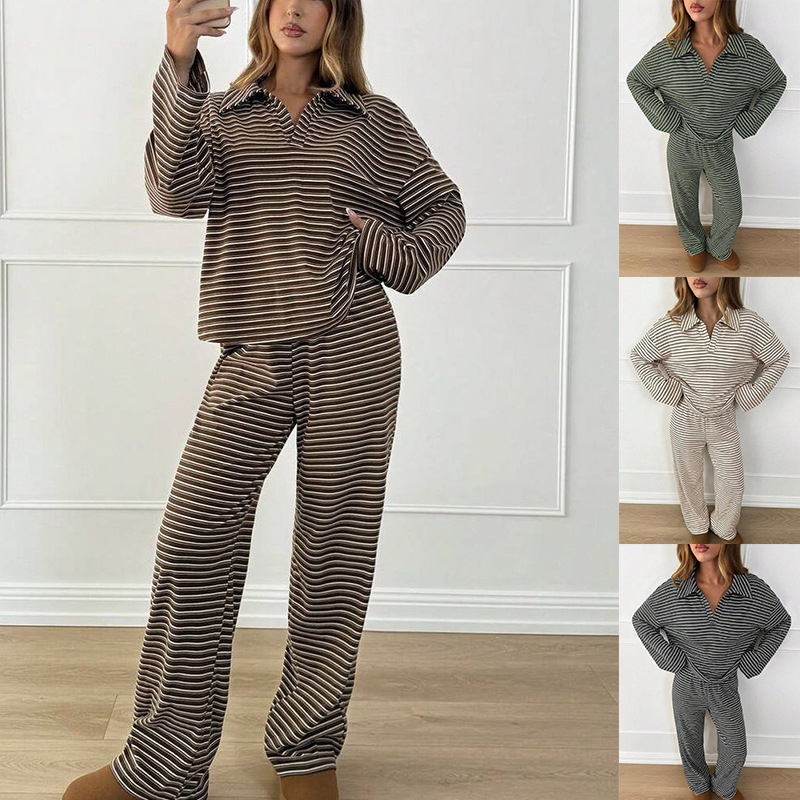 Color-Block Striped Collared Long-Sleeve Top & Wide-Leg Pants Loungewear Set