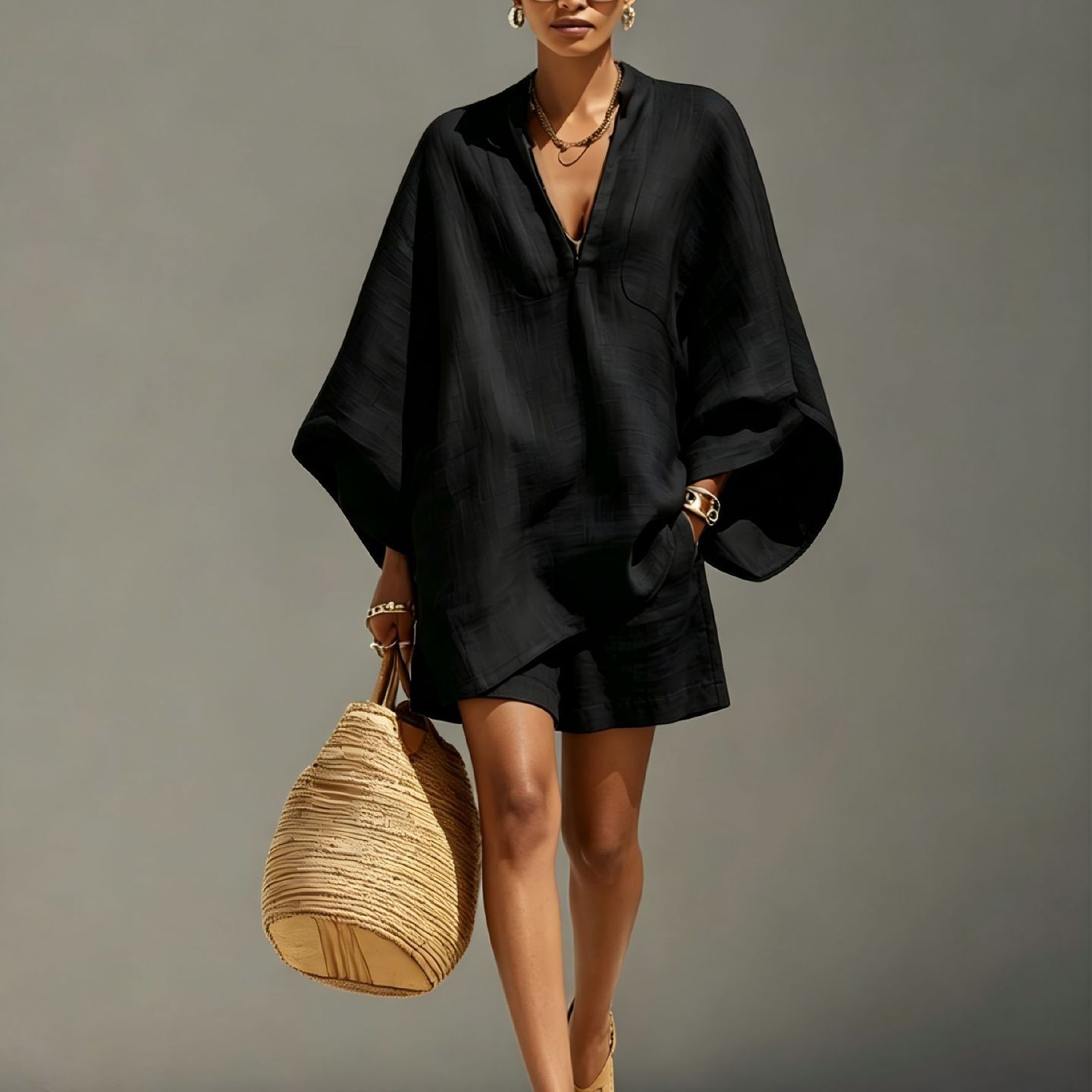 Women's Casual Batwing Sleeve V-Neck Loose Two-Piece Set with Pockets