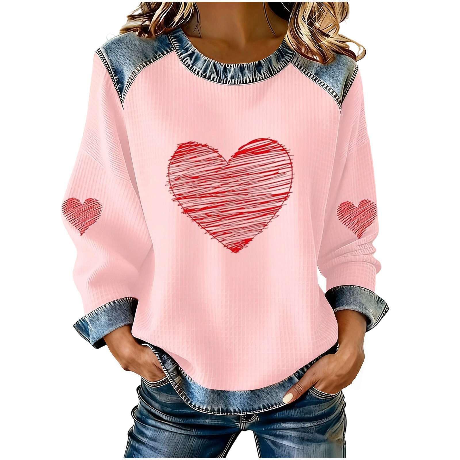 Women's Heart Print Crewneck Sweatshirt