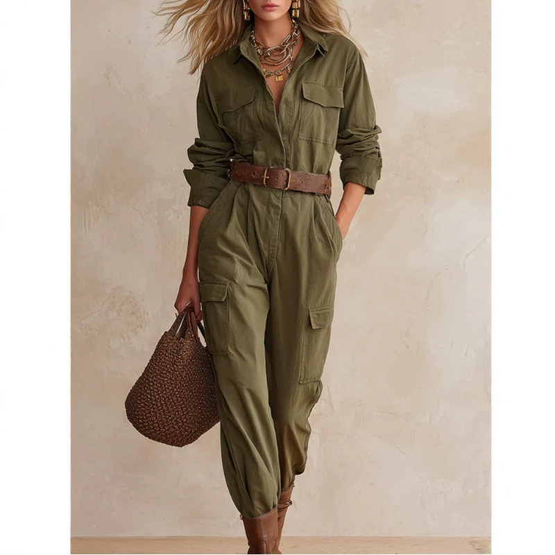 Vintage Army Green Multi-Pocket Jumpsuit