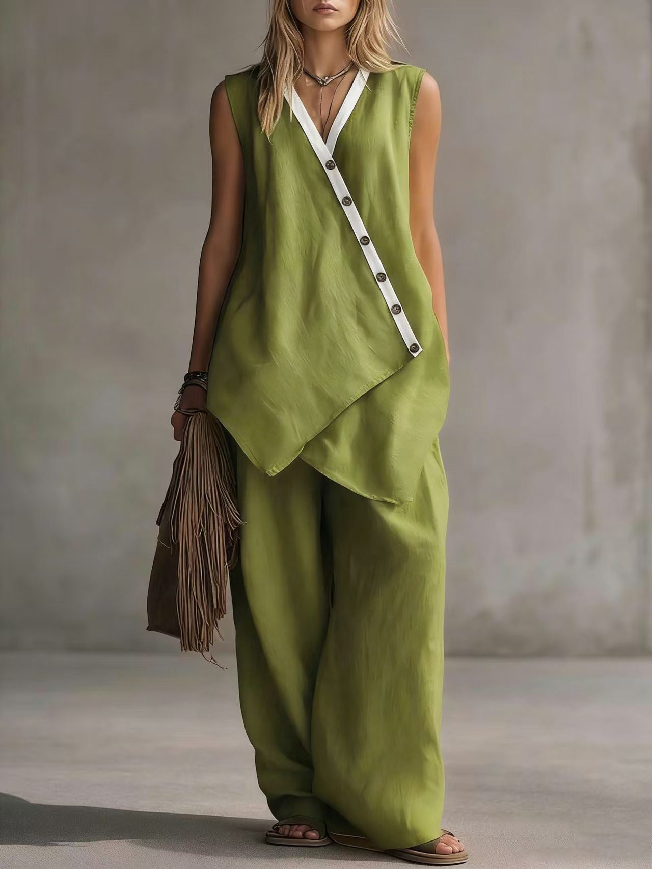 Bohemian V-Neck Button Tank Top & Wide-Leg Pants Casual Set