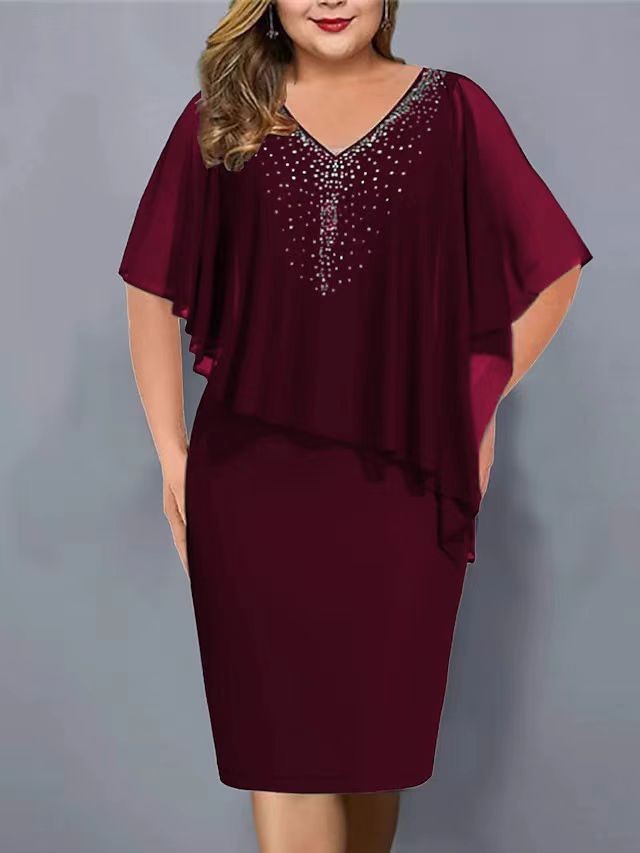 V-Neck Rhinestone Mesh Cape A-Line Midi Dress