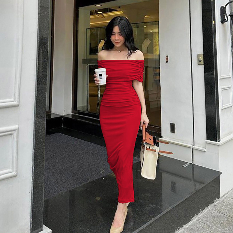 Off-Shoulder Ruched Slit Long Dress