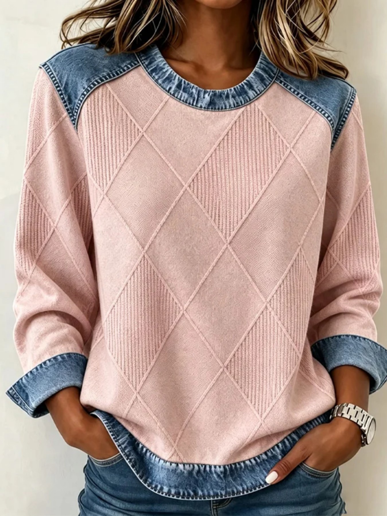 Women's Plaid Line Diamond Print Casual Sweatshirt