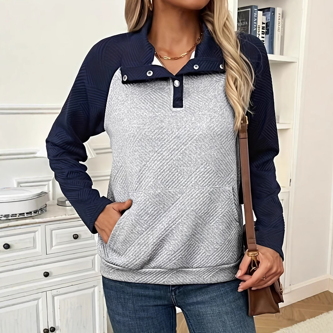 Women's Colorblock Pullover Sweatshirt with Button Front and Long Sleeves
