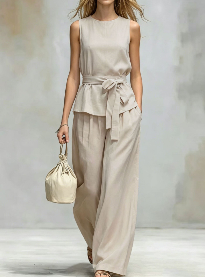Women's Sleeveless Cotton-Linen Two-Piece Set with Belt