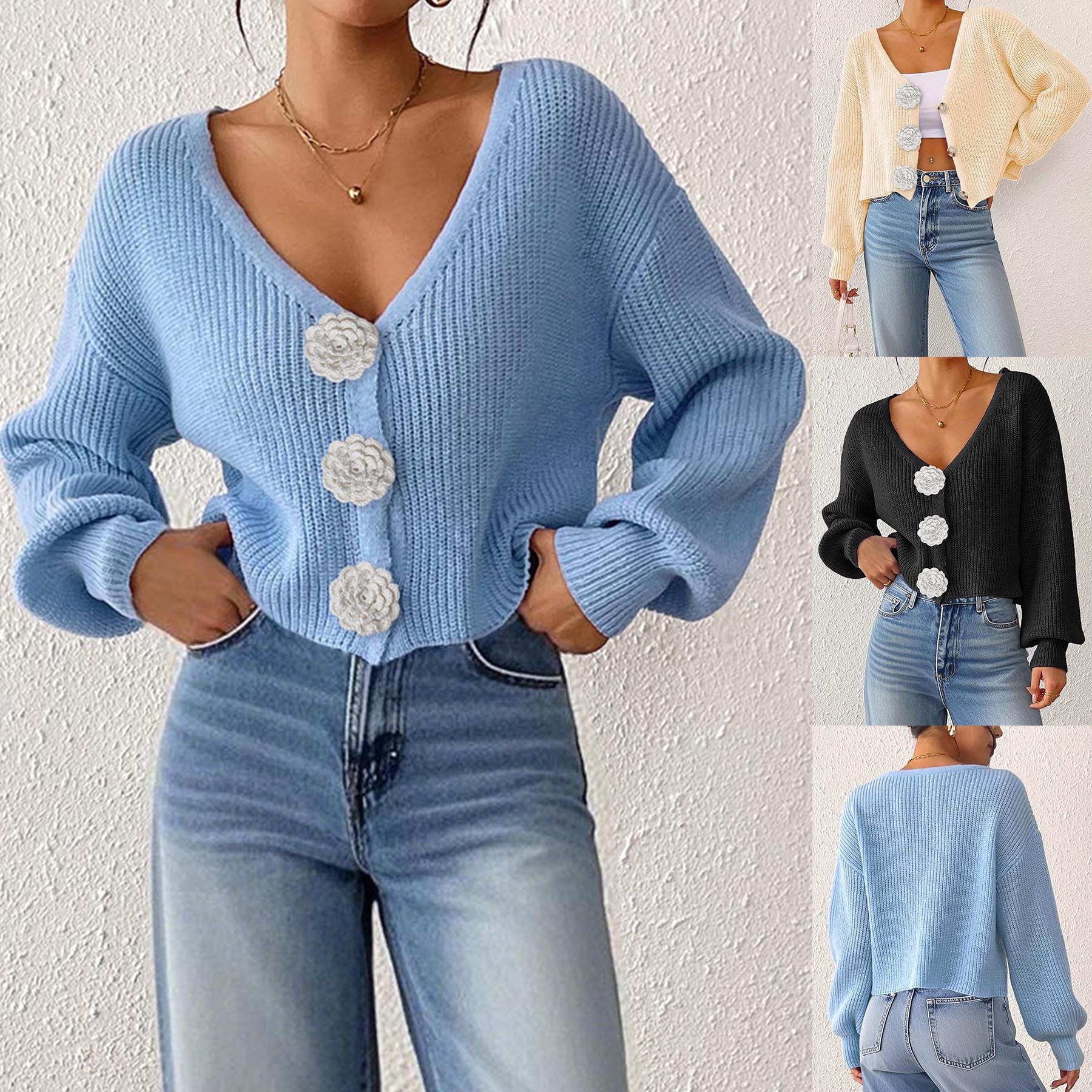 Women's Cropped Cardigan Sweater with Hand-Crocheted Floral Appliqué and Button Front