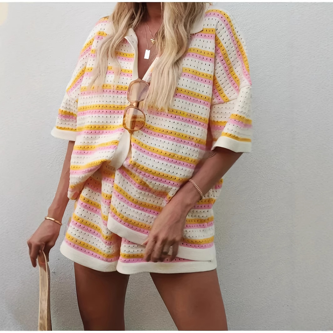 Women's Colorblock Striped Polo Short Sleeve & Shorts Set