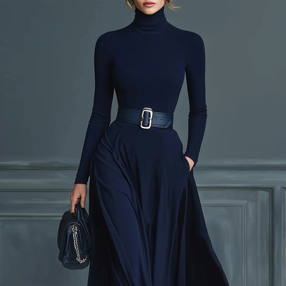 Women's Long Sleeve Solid High Neck A-Line Maxi Dress