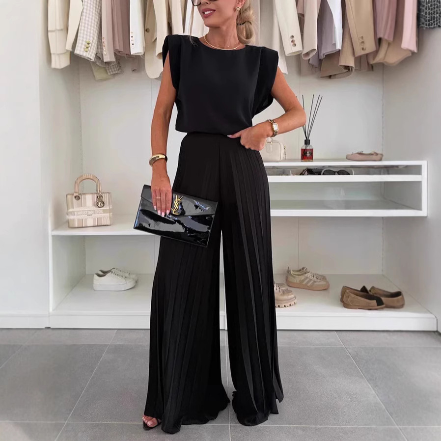 Women's Sleeveless Pleated Wide-Leg Two-Piece Set