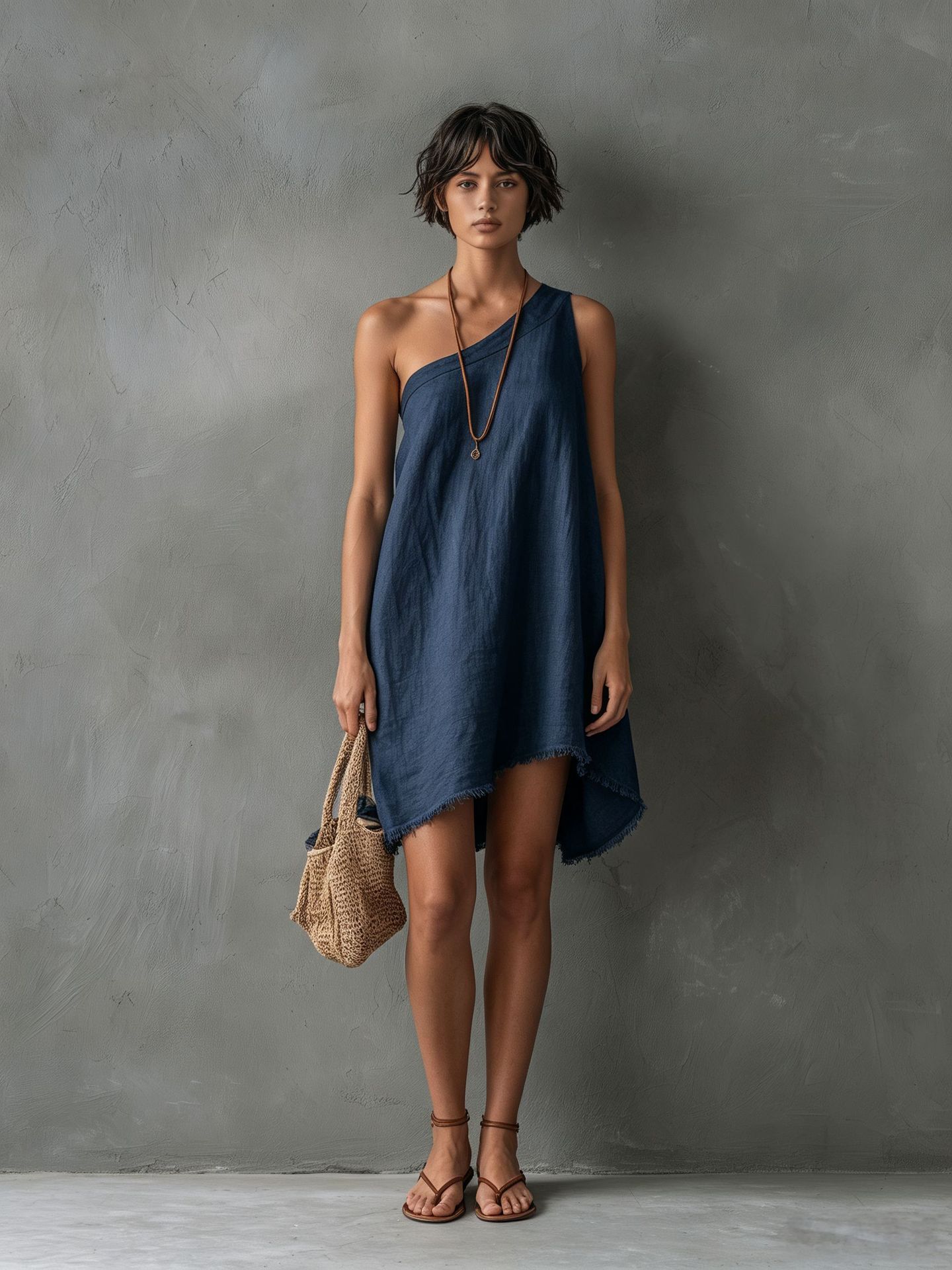 Minimalist Linen-Blend One-Shoulder Sleeveless Frayed Mini Dress