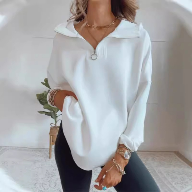 Women's Loose Fit Zip-Up Hoodie with Lapel Collar