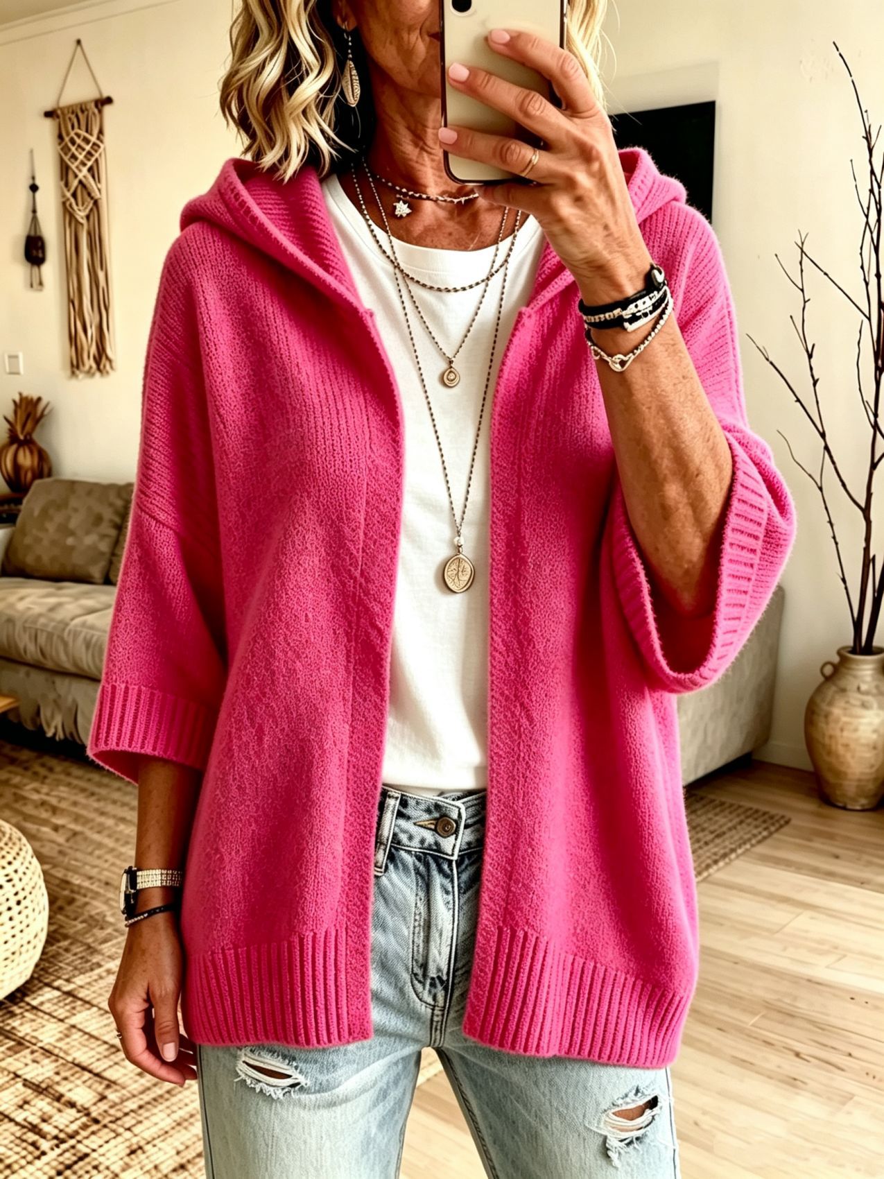 Women's 3/4 Sleeve Hooded Open-Front Knit Cardigan Solid Color Plus Size