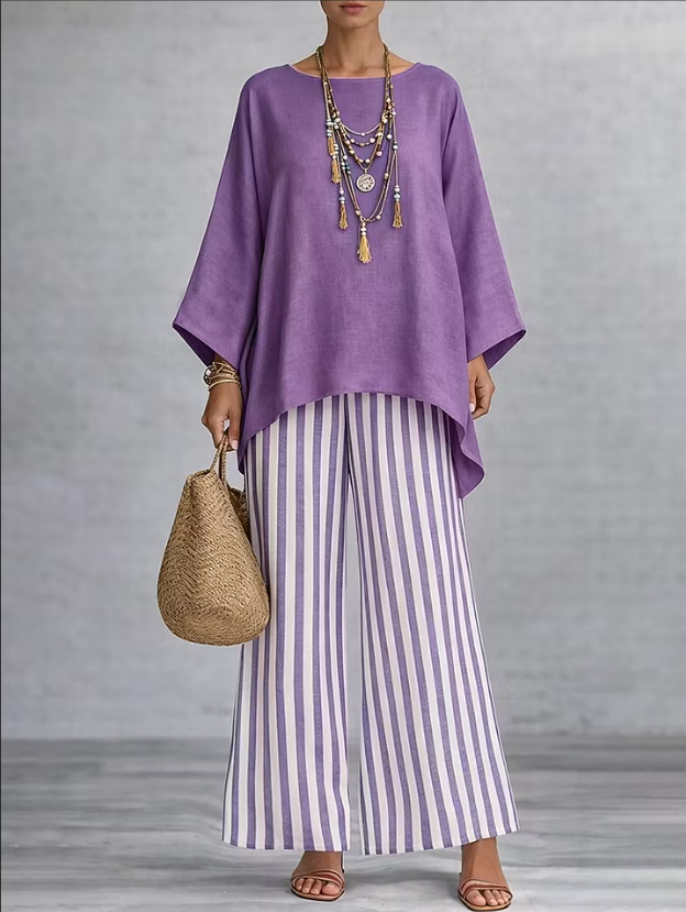 Women's Striped Print Cotton-Blend Two-Piece Set with Loose Collared Top and High-Waist Wide-Leg Pants