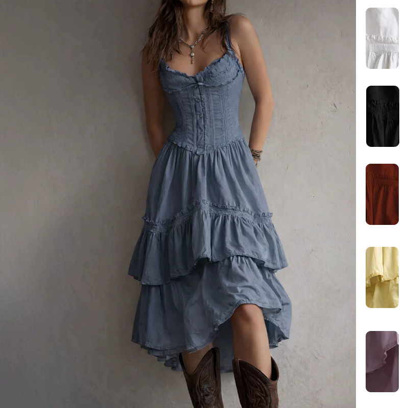 Solid Color Sleeveless Midi Dress with Waist-Cinching Ruffle Detail