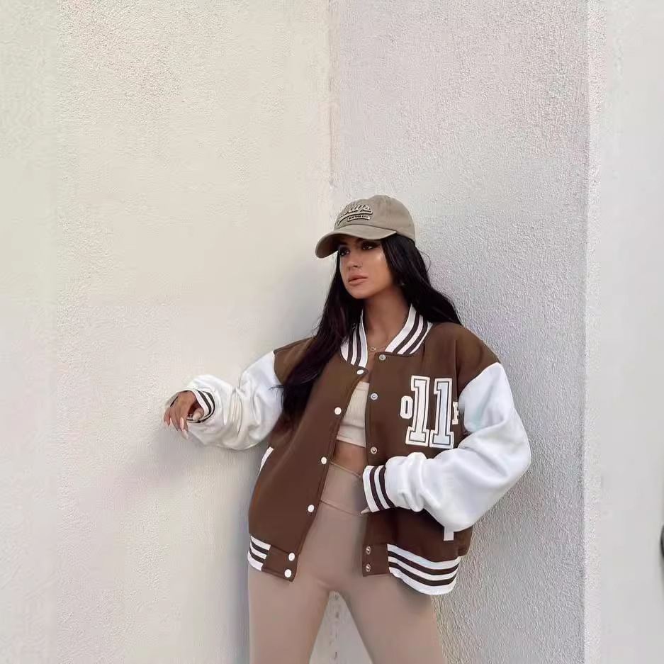 Women's Casual Printed Thickened Baseball Jacket Long Sleeve