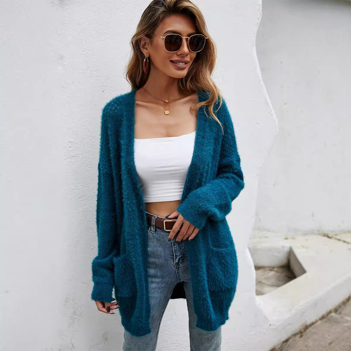 Women's Plus Size Mid-Length Knit Cardigan Open Front Long Sleeve