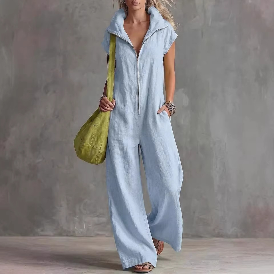 Women's Loose Sleeveless Jumpsuit with Pockets Faux Linen Casual