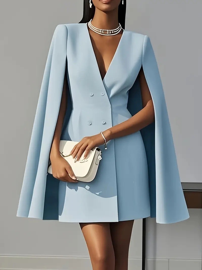 Women's Double-Breasted Cape Blazer Dress Solid Color
