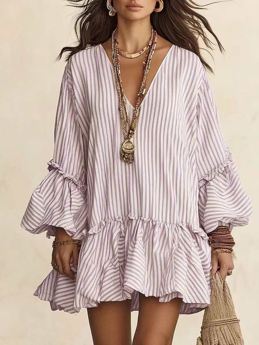 Women's Striped Print V-Neck Lantern Sleeve Loose A-Line Short Dress