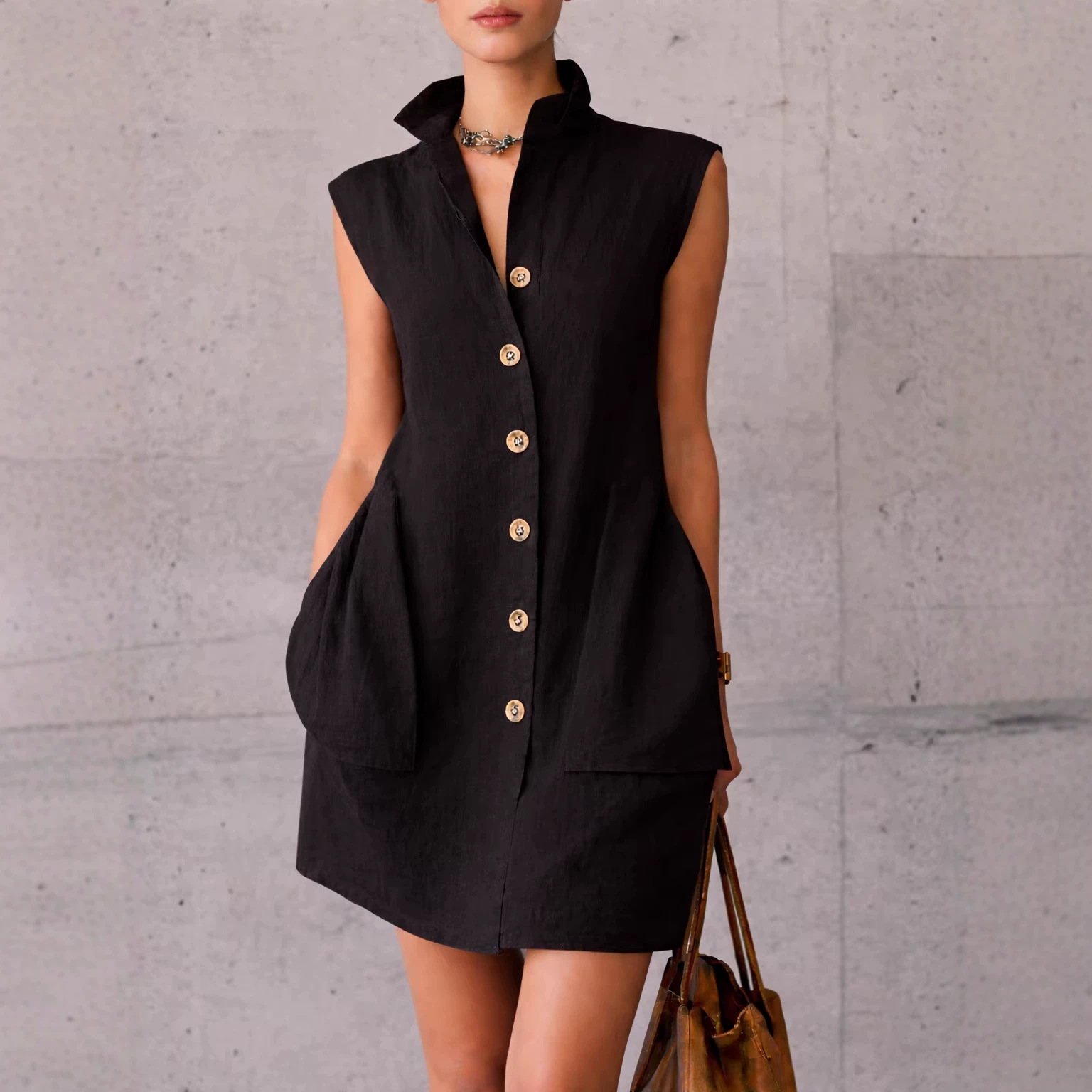 Women's Sleeveless Stand Collar Shirt Dress with Pockets Casual Vacation Short Dress