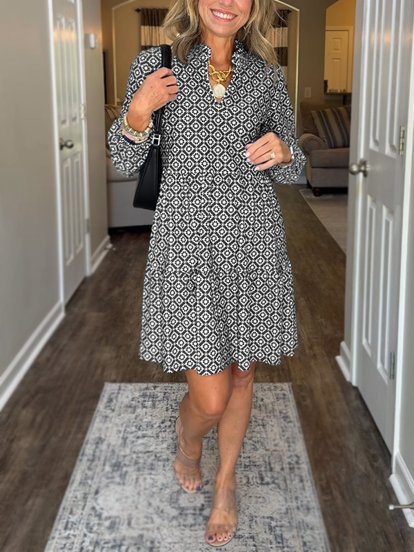 V-Neck Three-Quarter Sleeve Diamond Print A-Line Dress
