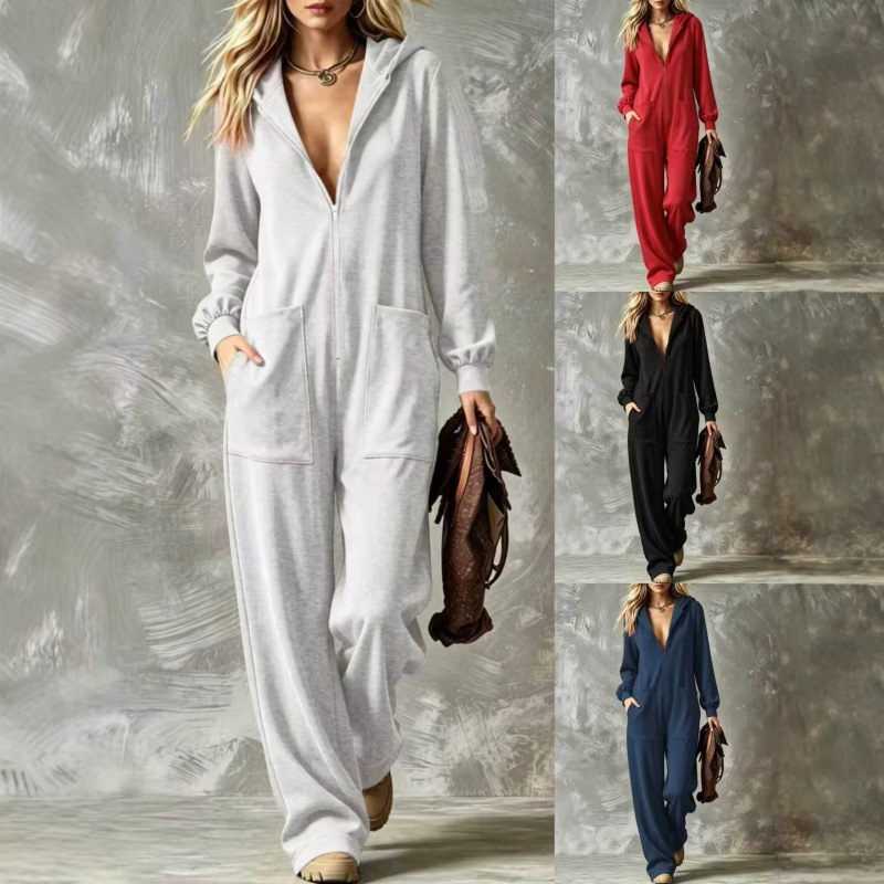 Hooded Full-Zip Loose Straight-Leg Lounge Jumpsuit with Pockets